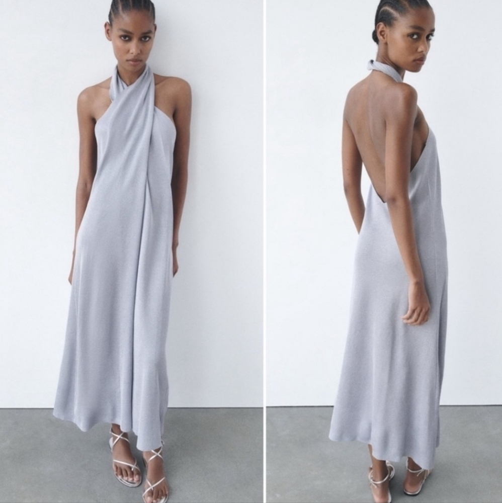 Zara Light Gray Halter-Back Midi Dress